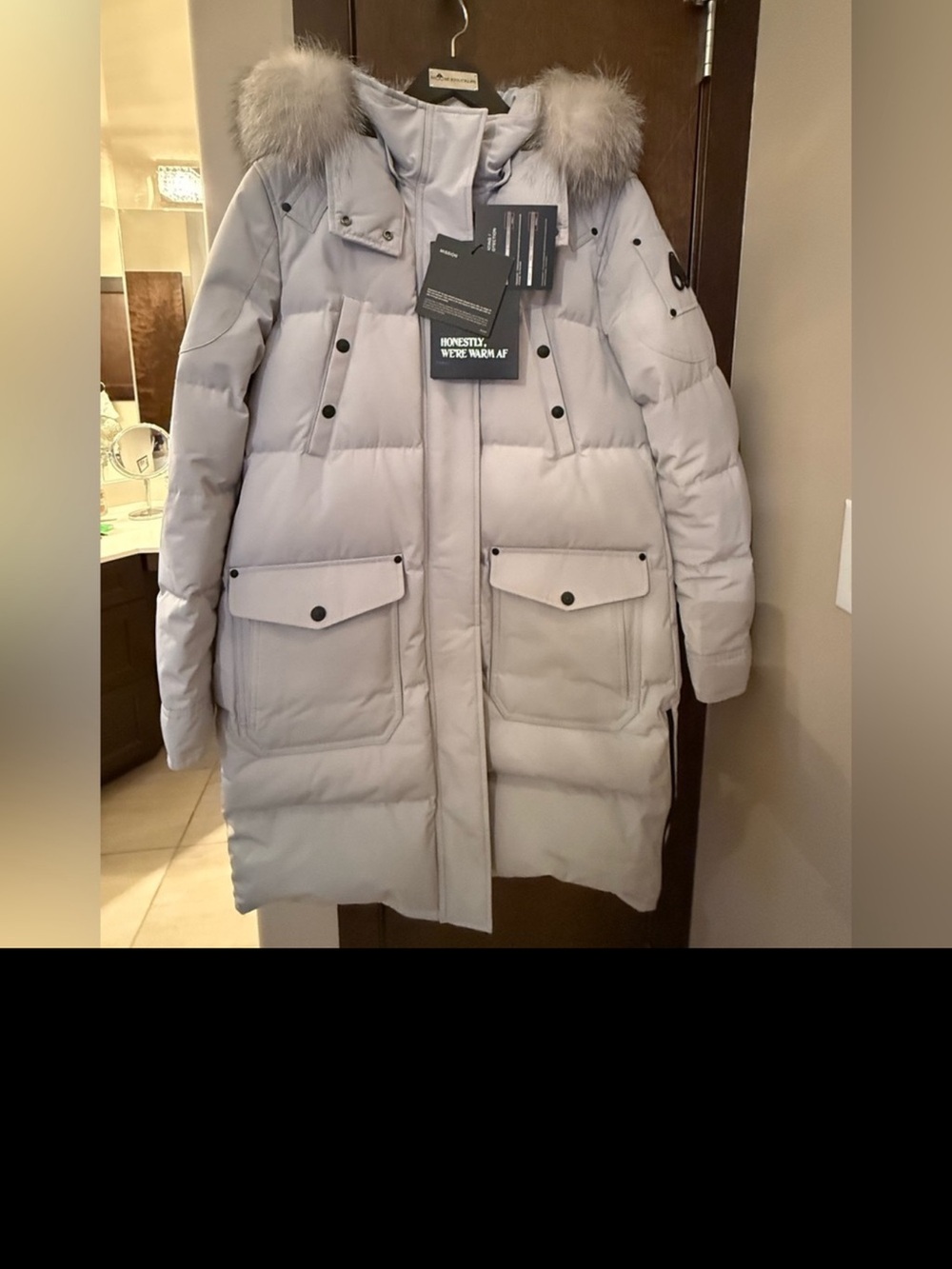 Moose Knuckles Light Gray Long Puffer Coat